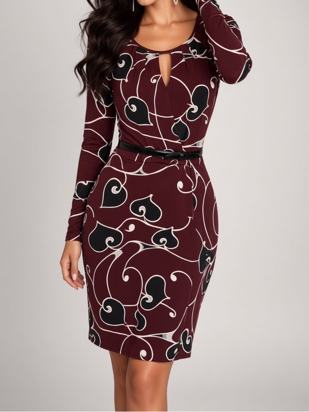Ann Taylor Burgundy Long Sleeve Printed Fit-and-Flare Dress